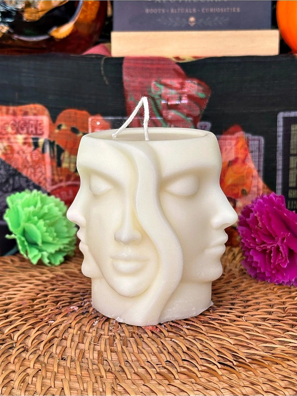 Ivory Many Faces Candle – Surreal Sculptural Pillar